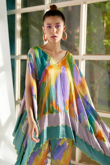 Buy Garima Bindal Multi Color Pure Modal Satin Printed Abstract V Neck Candy Kaftan And Pant Set Online at Aza Fashions Buy_Garima Bindal_Multi Color Pure Modal Satin Printed Abstract V Neck Candy Kaftan And Pant Set_Online_at_Aza_Fashions
