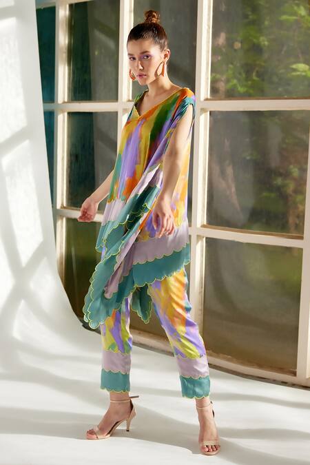 Shop Garima Bindal Multi Color Pure Modal Satin Printed Abstract V Neck Candy Kaftan And Pant Set Online at Aza Fashions Shop_Garima Bindal_Multi Color Pure Modal Satin Printed Abstract V Neck Candy Kaftan And Pant Set_Online_at_Aza_Fashions