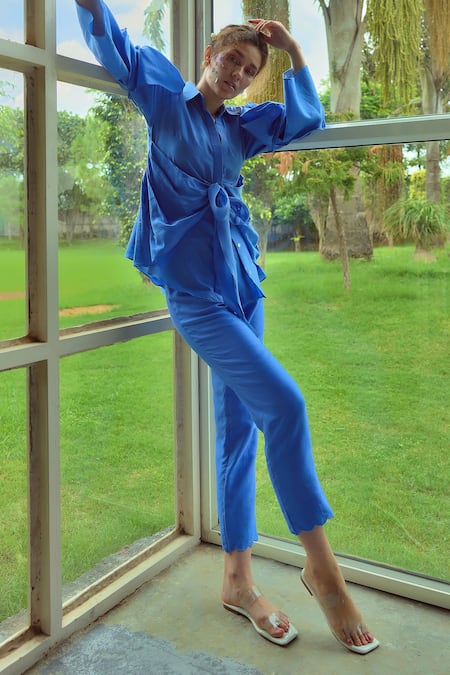 Garima Bindal_Blue Silk, Chanderi Shawl Neck Panzy Draped Shirt And Pant Set _at_Aza_Fashions