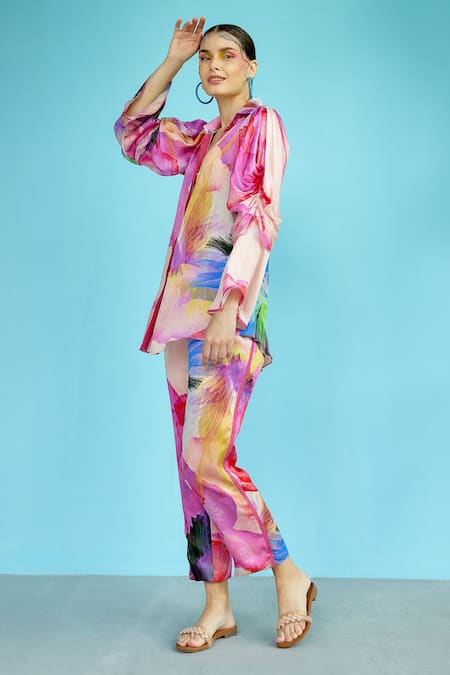 Garima Bindal Multi Color Modal Sequins Shawl Neck Bubble Floral Print Shirt And Pant Set Online at Aza Fashions Garima Bindal_Multi Color Modal Sequins Shawl Neck Bubble Floral Print Shirt And Pant Set _Online_at_Aza_Fashions