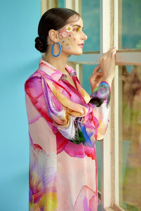 Garima Bindal Multi Color Modal Sequins Shawl Neck Bubble Floral Print Shirt And Pant Set at Aza Fashions Garima Bindal_Multi Color Modal Sequins Shawl Neck Bubble Floral Print Shirt And Pant Set _at_Aza_Fashions