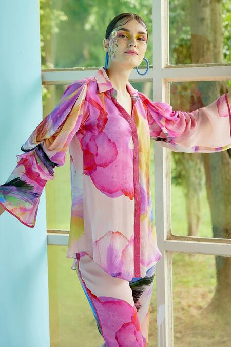 Buy Garima Bindal Multi Color Modal Sequins Shawl Neck Bubble Floral Print Shirt And Pant Set Buy_Garima Bindal_Multi Color Modal Sequins Shawl Neck Bubble Floral Print Shirt And Pant Set