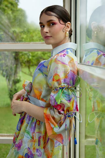 Buy Garima Bindal Multi Color Silk, Chanderi Sequins Collared Zinnia Printed Tiered Shirt Dress Buy_Garima Bindal_Multi Color Silk, Chanderi Sequins Collared Zinnia Printed Tiered Shirt Dress