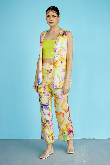 Garima Bindal_Multi Color Modal Sequins Square Neck, Open Eden Floral Print Jacket And Pant Set _Online_at_Aza_Fashions
