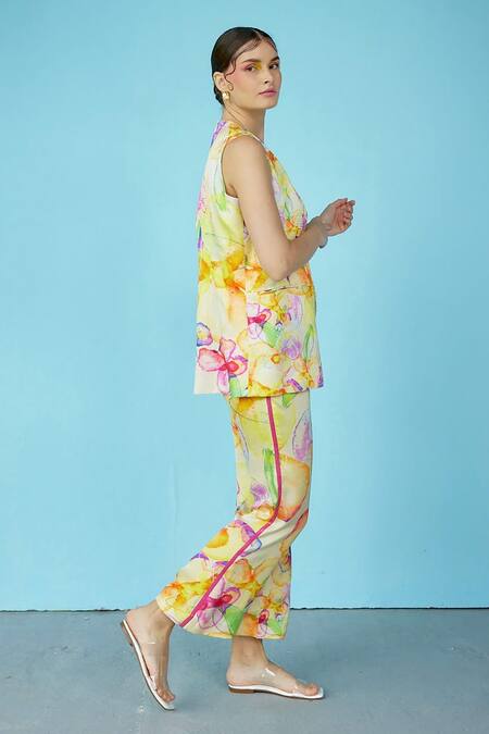 Buy_Garima Bindal_Multi Color Modal Sequins Square Neck, Open Eden Floral Print Jacket And Pant Set _Online_at_Aza_Fashions