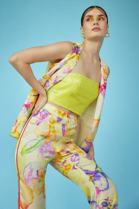 Shop_Garima Bindal_Multi Color Modal Sequins Square Neck, Open Eden Floral Print Jacket And Pant Set _Online_at_Aza_Fashions