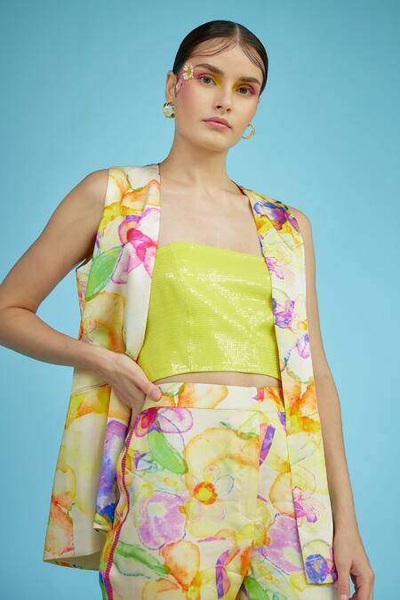 Garima Bindal_Multi Color Modal Sequins Square Neck, Open Eden Floral Print Jacket And Pant Set _at_Aza_Fashions