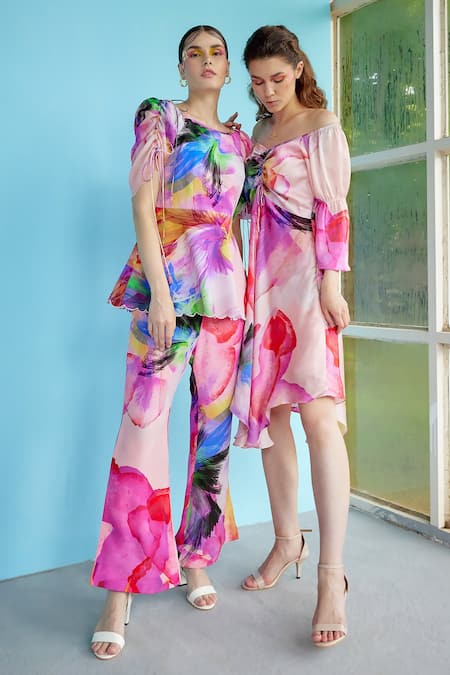 Garima Bindal_Multi Color Modal, Satin One Shoulder Rosita Abstract Print Dress _at_Aza_Fashions