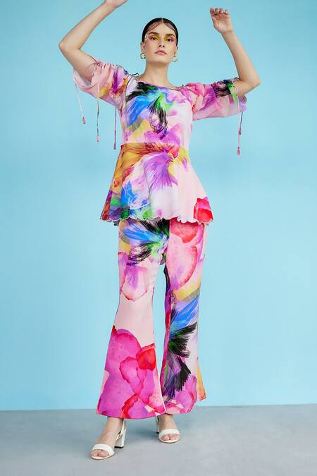 Buy_Garima Bindal_Multi Color Crepe Round Neck Reanna Abstract Print Peplum And Flared Pant Set _Online_at_Aza_Fashions