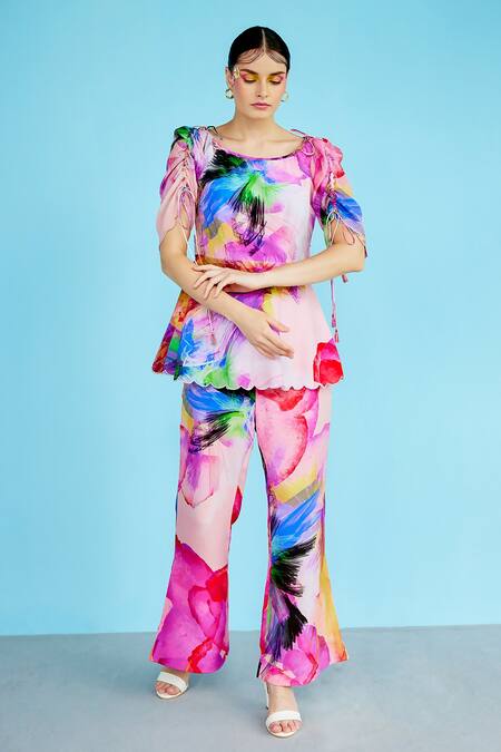 Shop_Garima Bindal_Multi Color Crepe Round Neck Reanna Abstract Print Peplum And Flared Pant Set _Online_at_Aza_Fashions