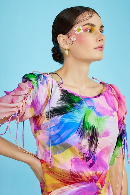 Garima Bindal_Multi Color Crepe Round Neck Reanna Abstract Print Peplum And Flared Pant Set _at_Aza_Fashions