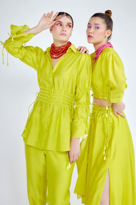 Garima Bindal_Green Chanderi , Chanderi, Tassels Collared Dazzle Shirt And Pant Set _Online_at_Aza_Fashions