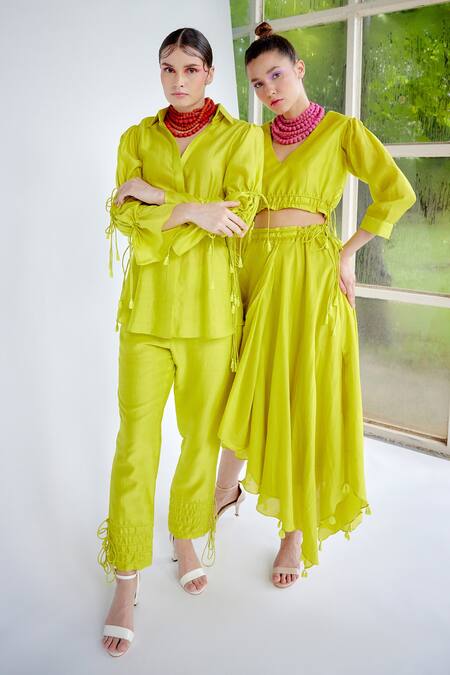 Buy_Garima Bindal_Green Chanderi , Chanderi, Tassels Collared Dazzle Shirt And Pant Set _Online_at_Aza_Fashions