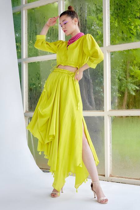 Buy_Garima Bindal_Green , Silk V-neck Dazzle Up Crop Top And Skirt Set _Online_at_Aza_Fashions