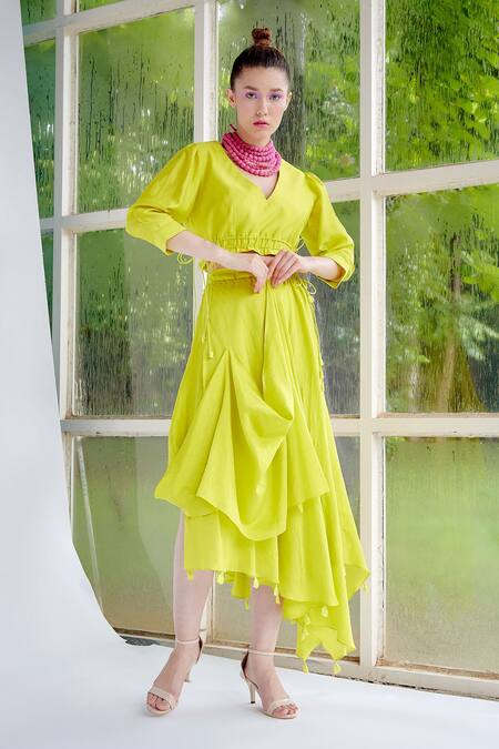 Shop_Garima Bindal_Green , Silk V-neck Dazzle Up Crop Top And Skirt Set _Online_at_Aza_Fashions