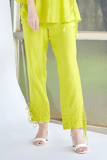 Shop_Garima Bindal_Green Chanderi , Chanderi, Tassels Collared Dazzle Shirt And Pant Set _Online_at_Aza_Fashions