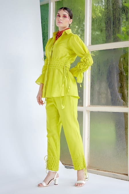 Buy_Garima Bindal_Green Chanderi , Chanderi, Tassels Collared Dazzle Shirt And Pant Set 