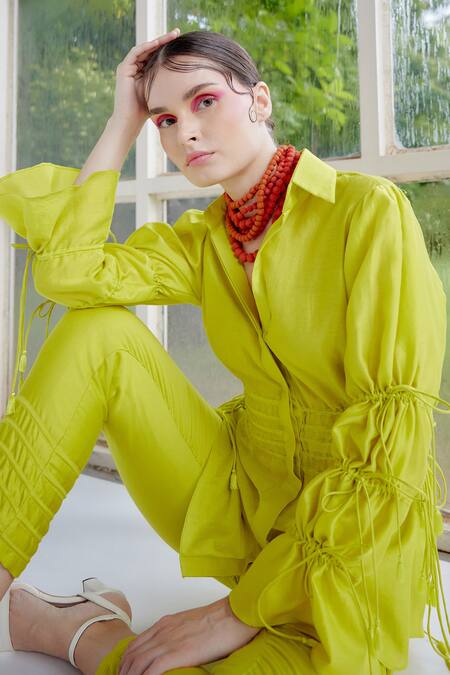 Shop_Garima Bindal_Green Chanderi , Chanderi, Tassels Collared Dazzle Shirt And Pant Set 