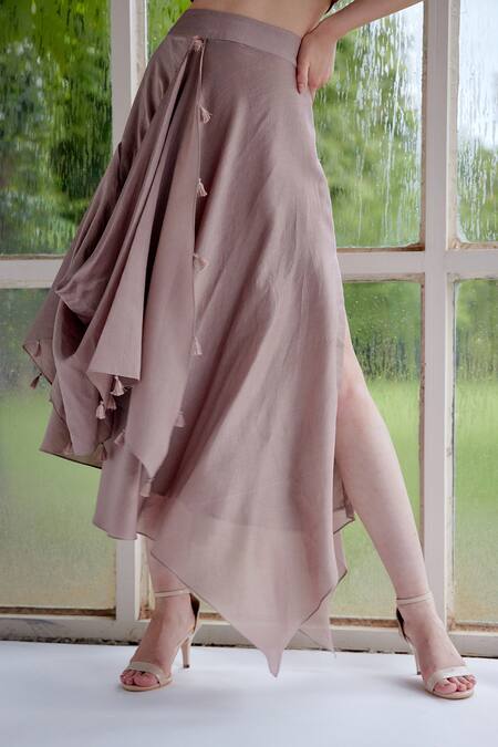 Shop Garima Bindal Brown Silk Tassels Shawl Neck Cascade Drape Sleeve Crop Top And Skirt Set Online at Aza Fashions Shop_Garima Bindal_Brown Silk Tassels Shawl Neck Cascade Drape Sleeve Crop Top And Skirt Set _Online_at_Aza_Fashions