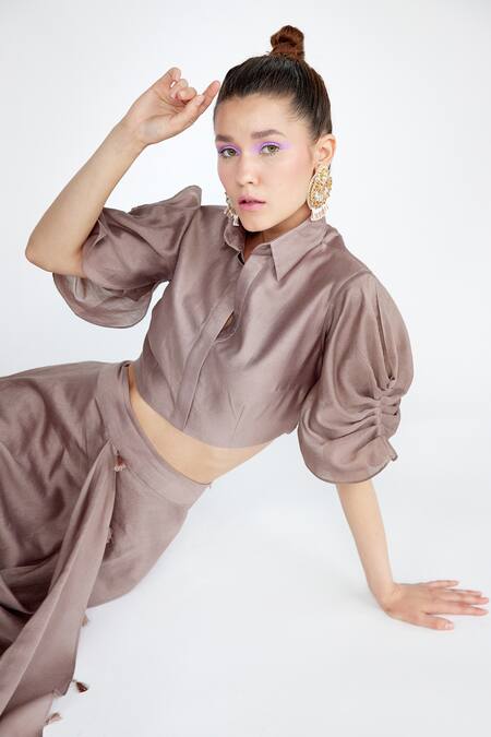 Buy Garima Bindal Brown Silk Tassels Shawl Neck Cascade Drape Sleeve Crop Top And Skirt Set Buy_Garima Bindal_Brown Silk Tassels Shawl Neck Cascade Drape Sleeve Crop Top And Skirt Set