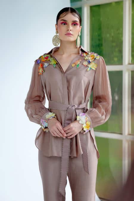 Garima Bindal Brown Chanderi, Silk Embroidery Collared Amy Yoke Shirt And Pant Set Online at Aza Fashions Garima Bindal_Brown Chanderi, Silk Embroidery Collared Amy Yoke Shirt And Pant Set _Online_at_Aza_Fashions