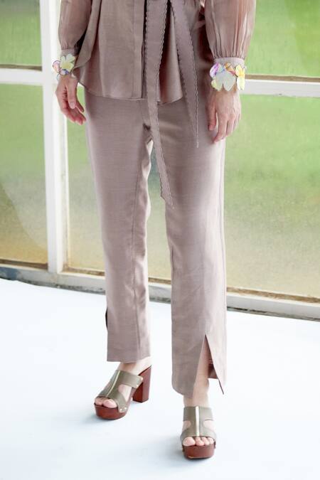 Shop Garima Bindal Brown Chanderi, Silk Embroidery Collared Amy Yoke Shirt And Pant Set Online at Aza Fashions Shop_Garima Bindal_Brown Chanderi, Silk Embroidery Collared Amy Yoke Shirt And Pant Set _Online_at_Aza_Fashions