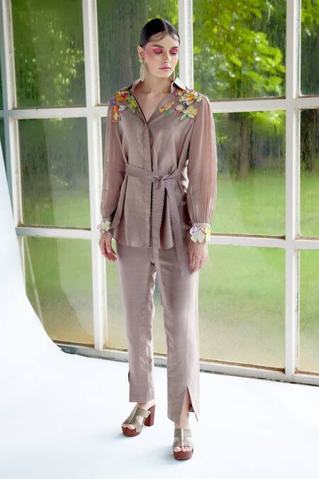 Garima Bindal Brown Chanderi, Silk Embroidery Collared Amy Yoke Shirt And Pant Set at Aza Fashions Garima Bindal_Brown Chanderi, Silk Embroidery Collared Amy Yoke Shirt And Pant Set _at_Aza_Fashions
