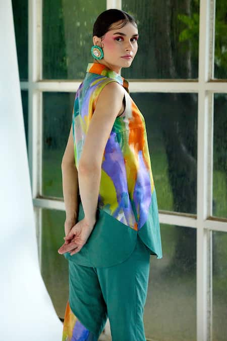 Buy_Garima Bindal_Multi Color Poplin, Modal Melo Abstract Print And Shirt & Pant Set 