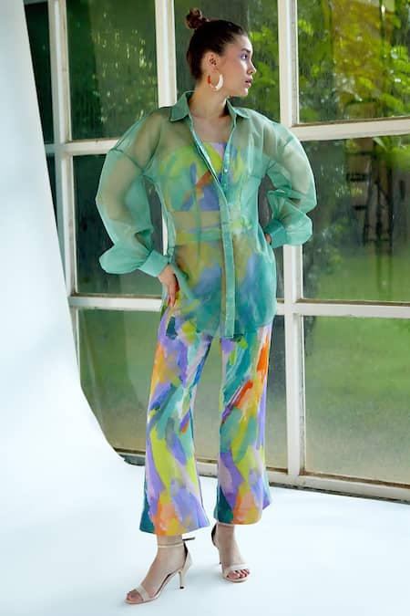 Garima Bindal_Multi Color Crepe, Organza Sequins Bandeau Neck, Marina Sheer Shirt Pant Set _Online_at_Aza_Fashions