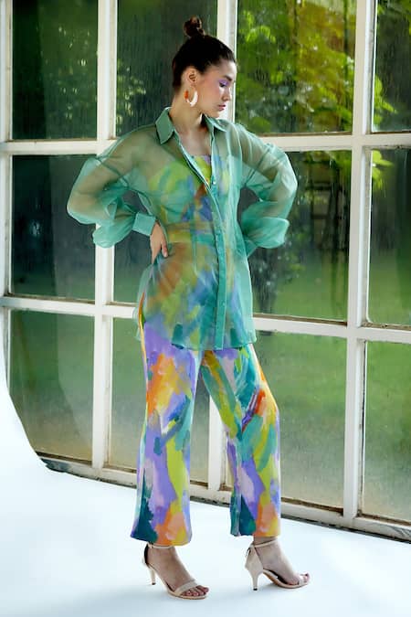 Buy_Garima Bindal_Multi Color Crepe, Organza Sequins Bandeau Neck, Marina Sheer Shirt Pant Set _Online_at_Aza_Fashions