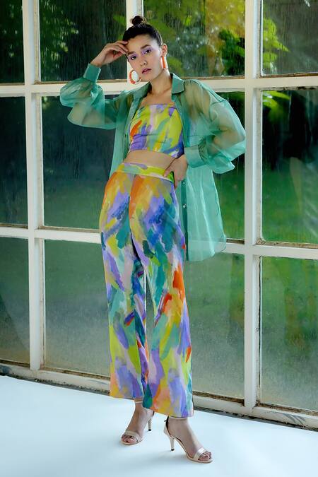 Shop_Garima Bindal_Multi Color Crepe, Organza Sequins Bandeau Neck, Marina Sheer Shirt Pant Set _Online_at_Aza_Fashions