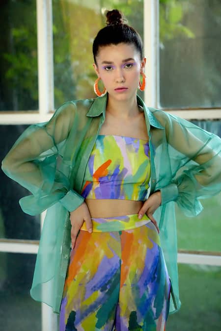 Garima Bindal_Multi Color Crepe, Organza Sequins Bandeau Neck, Marina Sheer Shirt Pant Set _at_Aza_Fashions