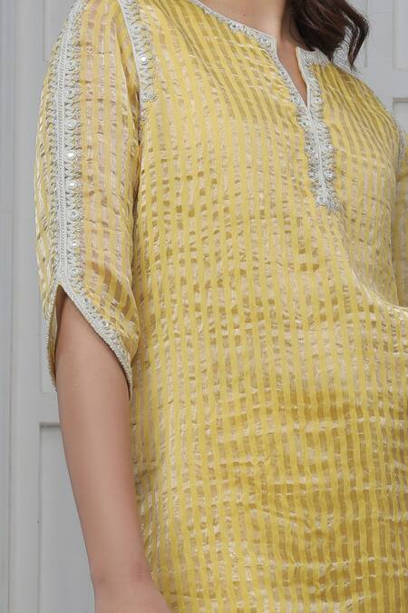 Shop_Myoho_Yellow Silk Embroidery V-neck Banarasi Zari Striped Kurta Palazzo Set _Online_at_Aza_Fashions