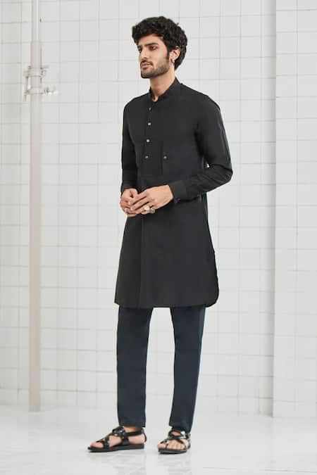 Rajesh Pratap Singh_Black Viscose Katan Rewat Handwoven Short Tunic _Online_at_Aza_Fashions