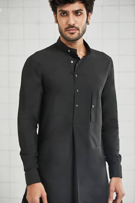 Buy_Rajesh Pratap Singh_Black Viscose Katan Rewat Handwoven Short Tunic _Online_at_Aza_Fashions