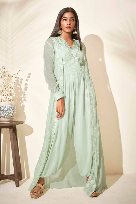 Suruchi Parakh_Green Georgette Lining Shantoon Thread V Neck Jumpsuit With Jacket_Online_at_Aza_Fashions