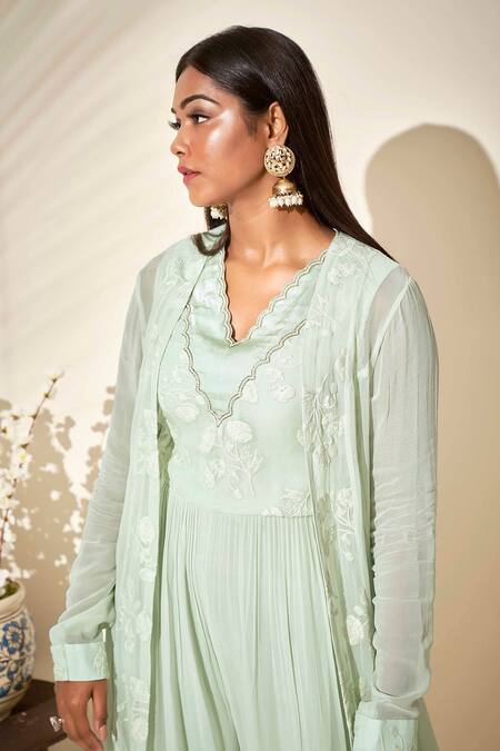 Buy_Suruchi Parakh_Green Georgette Lining Shantoon Thread V Neck Jumpsuit With Jacket_Online_at_Aza_Fashions