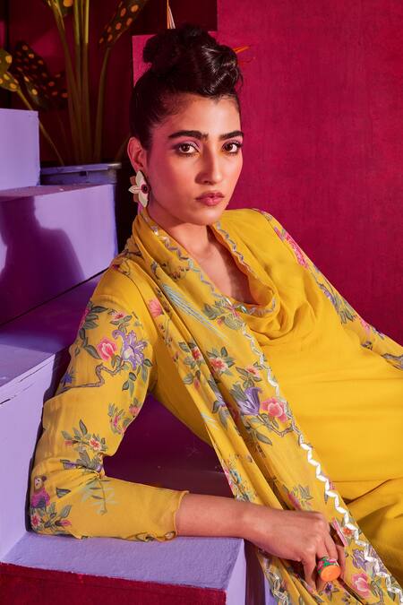 Limerick By Abirr N' Nanki_Yellow Georgette Floral Print Cowl Neck Uma Draped Tunic And Pant Set_Online_at_Aza_Fashions