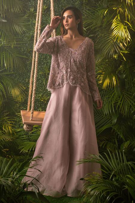 Pallavi Poddar_Purple Organza, Satin, Lycra Beads, Bandhan Embroidered Jacket And Sharara Set _Online_at_Aza_Fashions