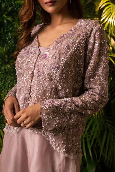 Shop_Pallavi Poddar_Purple Organza, Satin, Lycra Beads, Bandhan Embroidered Jacket And Sharara Set _Online_at_Aza_Fashions