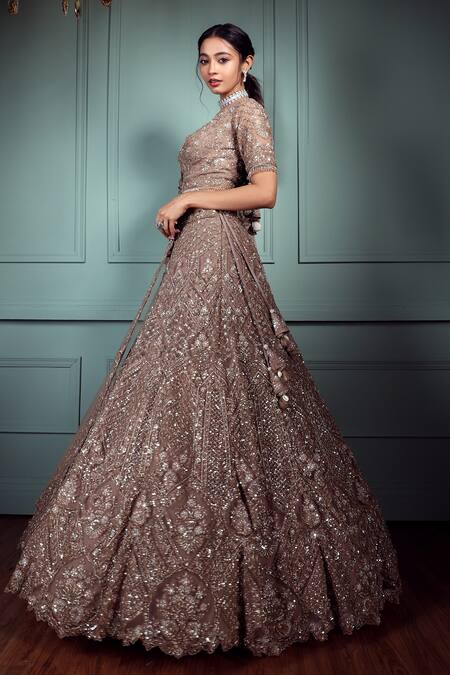 Pallavi Poddar_Brown Tulle Sequins, Beads, Purab Paschim Embellished Bridal Lehenga Set _Online_at_Aza_Fashions