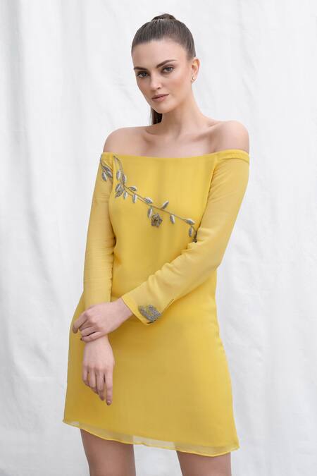 Amrta By Guneet Kondal_Yellow Viscose, Georgette Beads, Embroidery Darner Dragon Fly Dress_Online_at_Aza_Fashions