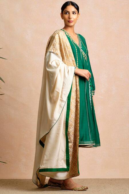 Buy_Sue Mue_Beige Banarasi, Tussar Georgette V Neck Embroidered Angrakha Set_Online_at_Aza_Fashions