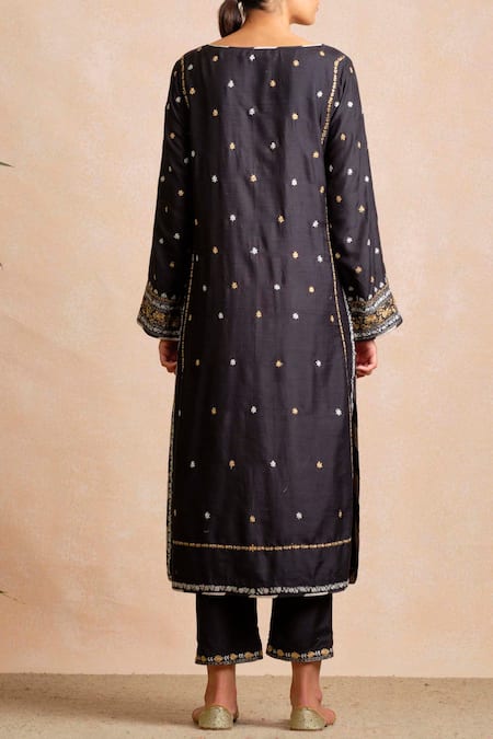 Shop Sue Mue Black Tussar Georgette Round Embroidered Kurta Set at Aza Fashions Shop_Sue Mue_Black Tussar Georgette Round Embroidered Kurta Set _at_Aza_Fashions
