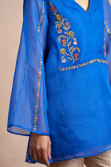 Buy_Sue Mue_Blue Kora V Neck Embroidered Tunic _Online_at_Aza_Fashions