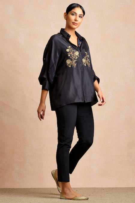 Buy Sue Mue Black Silk Shirt Collar Embroidered Online at Aza Fashions Buy_Sue Mue_Black Silk Shirt Collar Embroidered _Online_at_Aza_Fashions