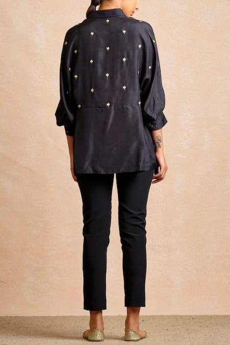 Shop Sue Mue Black Silk Shirt Collar Embroidered at Aza Fashions Shop_Sue Mue_Black Silk Shirt Collar Embroidered _at_Aza_Fashions