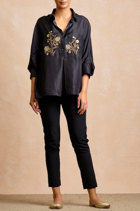 Sue Mue Black Silk Shirt Collar Embroidered Online at Aza Fashions Sue Mue_Black Silk Shirt Collar Embroidered _Online_at_Aza_Fashions