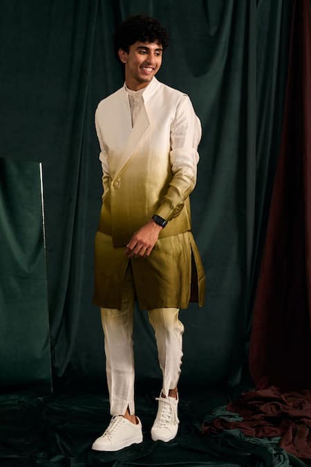 Buy_Project Bandi_Green Satin, Linen Ombre Bundi And Kurta Set _Online_at_Aza_Fashions