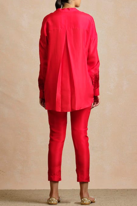 Shop Sue Mue Red Silk Shirt Collar Embroidered at Aza Fashions Shop_Sue Mue_Red Silk Shirt Collar Embroidered _at_Aza_Fashions
